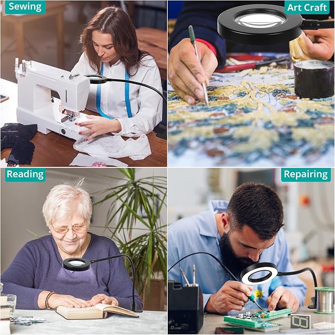 Woputne Desk Lamp with 5X Magnifying Glass,3 Color Modes 10 Brightness Levels,Reading Light Eye-Caring,Flexible Gooseneck Clip On Light with 5V/2A Adapter for Home Office Craft Close Work