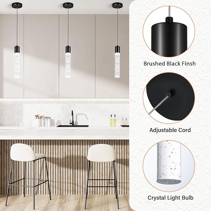 Pendant Lights Kitchen Island, 6500K Modern Kitchen Island Lights Brushed Black, 3 Pack Ceiling Lighting Fixtures with Crystal Bubble, Integrated LED Hanging Light for Dining Room Restaurant