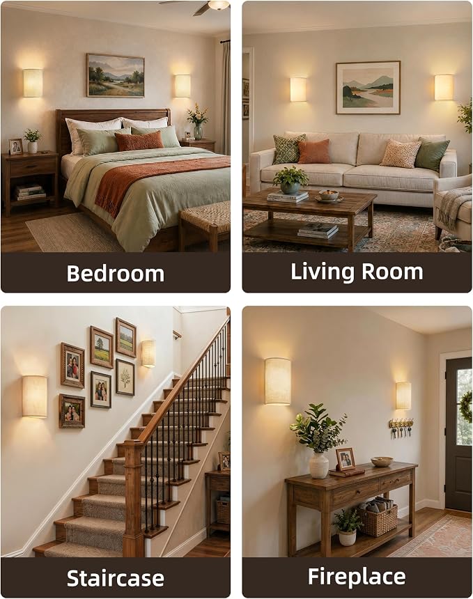 EZVALO Battery Operated Wall Sconce, Rechargeable Wall Sconces Set of Two with Remote, 3 Color & 80 RGB Wireless Wall Mount Lamp, Dimmable, Timer, Peel and Stick, Fabric Linen Wall Lights for Bedroom