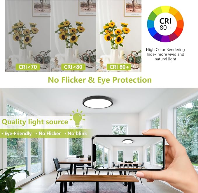 23.7 Inch LED Flush Mount Ceiling Light - Dimmable & 3 CCT Modes(3000/4000/6000K), 5000LM, 50W Ultra-Thin Low Profile Ceiling Light for Living Room, Kitchen, Hallway, Office, Black
