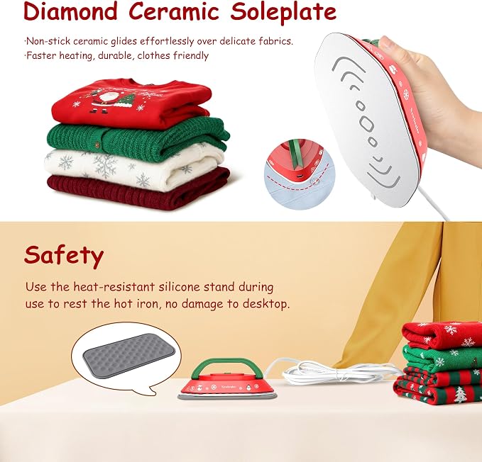 Newbealer Travel Iron Set, 100-240V Mini Dry Iron for Clothes (No Steam) | Max 300W, Heats in 60s, 302℉ Ceramic Soleplate, Handy Heat Press, 0.8lbs Lightweight for Quick Touch-ups, Classic Red w/ Case