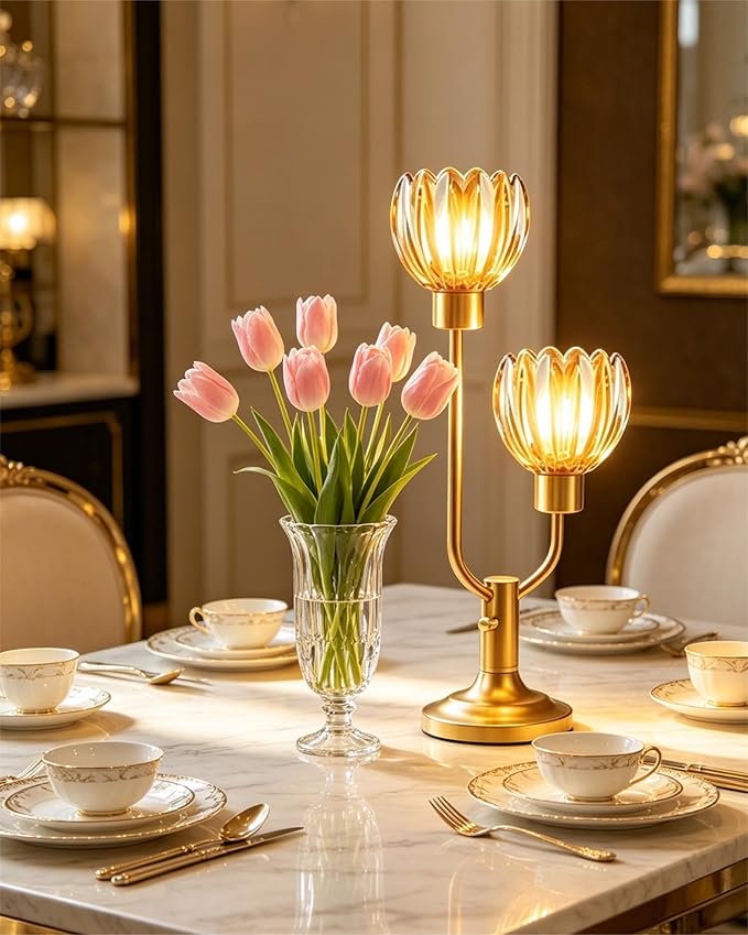 Lightdot Mid Century Modern Flower Table Lamp Dimmable Nightstand Lamp Amber Glass Vintage Gold Desk Lamp 2 Bulbs Included Warmwhite Ambient Bedside Lamp for Bedroom Living Room Home Office Decor Gift