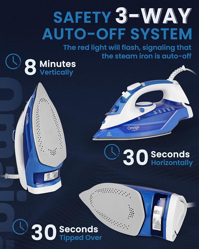 OMAIGA Steam Iron for Clothes, 1500W Clothes Iron with 3-Way Auto-Off, Non-Stick Ceramic Soleplate, Iron for Clothes with 11.84oz Water Tank, Self-Cleaning, Anti-calc, White