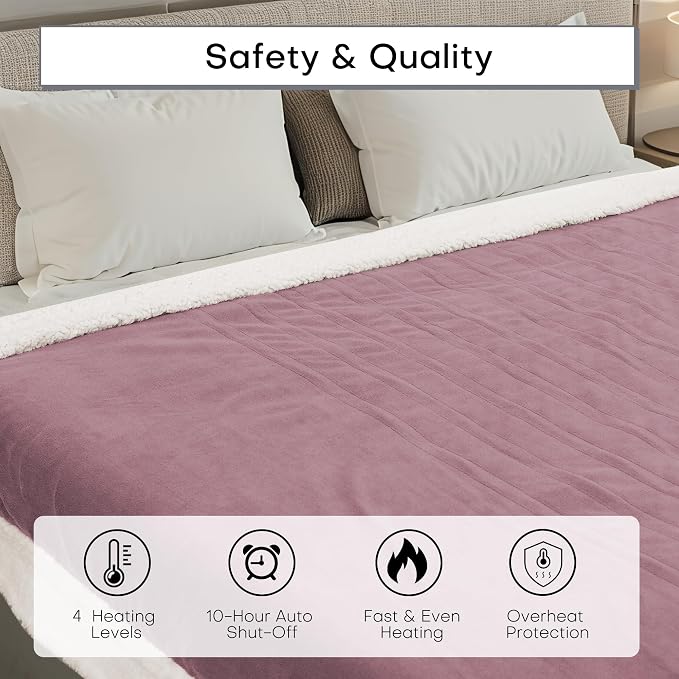 Electric Heated Blanket Throw Size 50"x60" – ETL Certified for Safe Overnight, 4 Heat Settings & 3H Auto Off, Dual-Sided Microplush Sherpa for Home Theater Night, Machine Washable – Berry