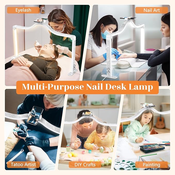 Yokilly Arc Half Moon Light: 34" Shadow-Free Half Moon Light for Desk Salon - Foldable LED Desk Lamp with Stepless Brightness for Manicurist (White)
