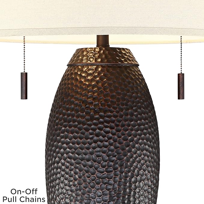 Franklin Iron Works Noah Rustic Farmhouse Table Lamp 31" Tall Bronze Brown Hammered Textured Oatmeal Fabric Drum Shade for Bedroom Living Room House Bedside Nightstand Home Office Entryway Family