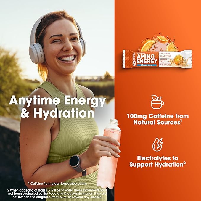 Optimum Nutrition Amino Energy Hydration Packets, On-The-Go Energy Powder Stick Packs, Tangerine Wave, 25 Count