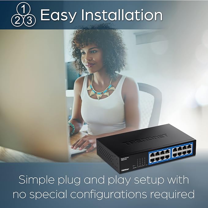 TRENDnet 16-Port Gigabit Desktop Switch, TEG-S17D, 16 x Gigabit RJ-45 Ports, 32Gbps Switching Capacity, Ethernet Splitter, NDAA & TAA Compliant, Internal Power Supply, Lifetime Protection, Black