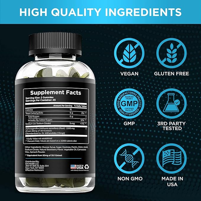 EFFECTIVE NUTRA Ashwagandha Gummies 1500mg | Stress Relief, Immune Support, Calm Mood, Energy | Natural Berry Flavor | 90-Day Supply | Vegan, Gluten-Free, Non-GMO | Supplement for Men & Women (2-Pack)