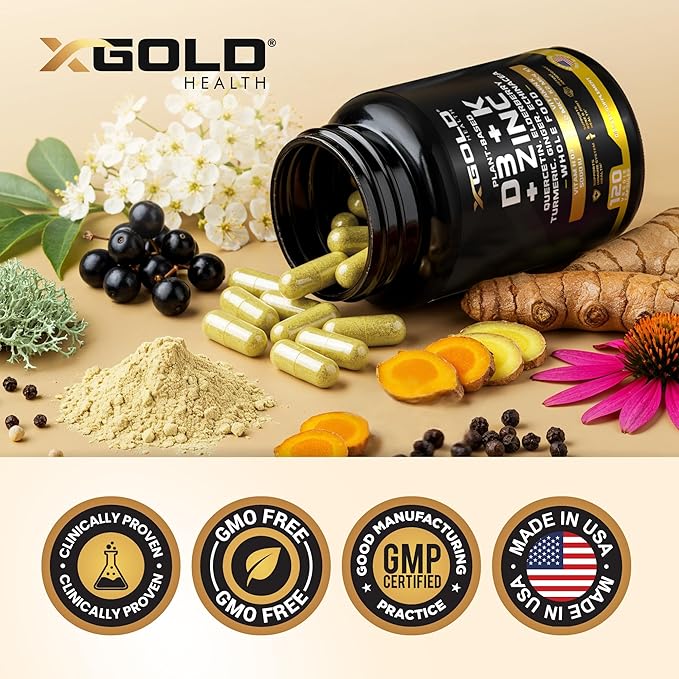 Complément alimentaire complet 8 en 1 : Vitamine D, K2, K1, Zinc, Quercétine, Sureau, Curcuma, Gingembre et Échinacée - D3 5000 UI végétale issue du lichen, Vitamines K (K2 MK7, MK4, K1), Vitamines D3 K2 - 120 capsules