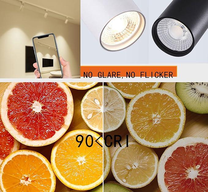 3 Colour LED Track Lighting Heads 6 Pack 12W Dimmable Single Circuit H Type Rail Ceiling Spotlight for Accent Task Wall Art Exhibition Lighting 90 CRI 24° Black
