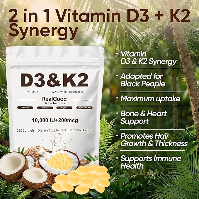 Real Good essentials VitaminD3 & K2 Coconut Oil Softgels Capsules | D3 10,000 IU + K2 MK-7 200 mcg | Upgraded High-Potency Formula for Bone, Immune Health, Boosts Energy & Calcium Absorption (1pc)