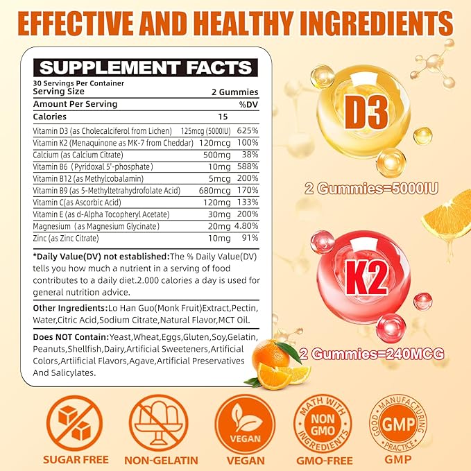 Natural D3 K2 Vitamin Gummies: Sugar Free Chewable Supplement Plus Magnesium Zinc Calcium B12 B6 B9 for Immune Skin Health Support Stress Relief - for Low Energy Sports Adults(60Count)