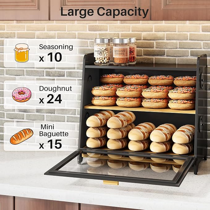 SNTD Bread Box for Kitchen Countertop, Airtight Homemade Bread Storage Container with Adjustable Vent Holes, Bamboo Cutting Board (Black, L)