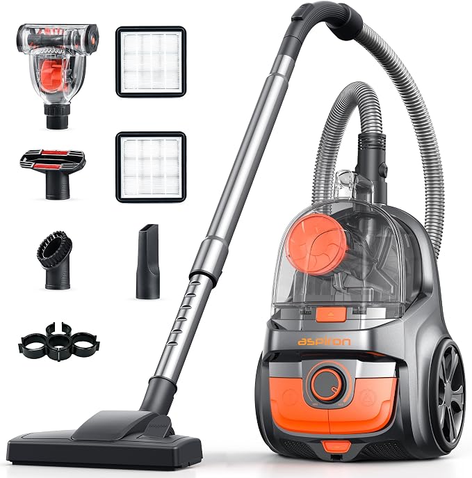 Aspiron Canister Vacuum Cleaner, 40Kpa Bagless Vacuum Cleaners, 4QT Large Dust Cup, Double HEPA Filter, Retractable Cord, 1600W Lightweight Vacuum Cleaner with 5 Tools for Hard Floors, Amber