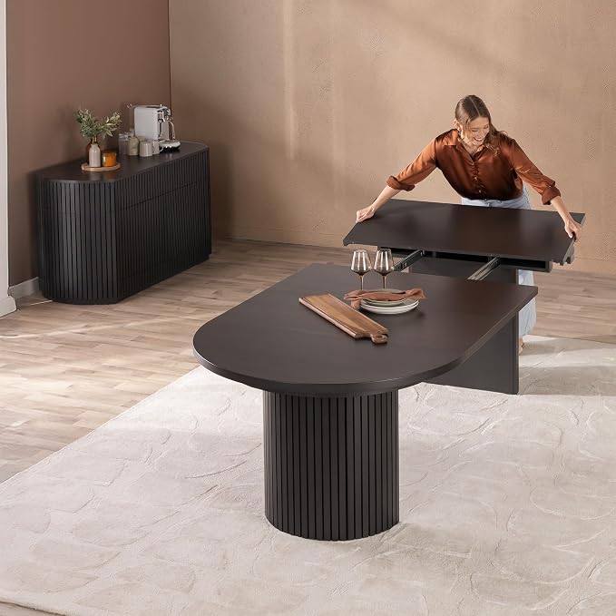 Transformer Table Round Sideboard Buffet Cabinet, Black | Hidden Drawers, Wood Storage Cabinet, Solid Wood, Integrated Table Panel Storage
