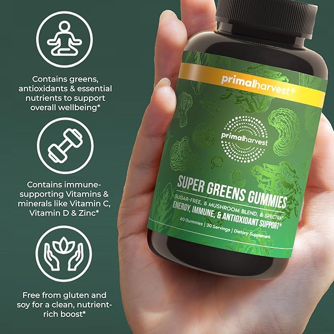 Gummies Super Greens Primal Harvest, mélange de superaliments aux champignons adaptogènes, vitamines et minéraux riches en nutriments et antioxydants pour l'énergie et le soutien immunitaire, 1 paquet de 60 unités.