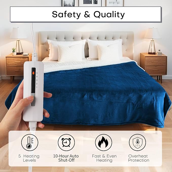 Electric Heated Blanket 62"x84" Twin Size for Safe All Night Rest, Flannel Material&Sheepskin Fabric for Bedroom Couch Use, 5 Heat Settings & 10 Hours Auto Off, Machine Washable, Dark Blue&White