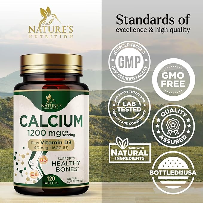 Calcium 1200 mg with Vitamin D3 - Per Serving - Bone Health Supplement - Vitamin D & Calcium Supplements for Women & Men - Bone Strength Support - Natural Calcium Pills - Bottled in USA - 120 Tablets