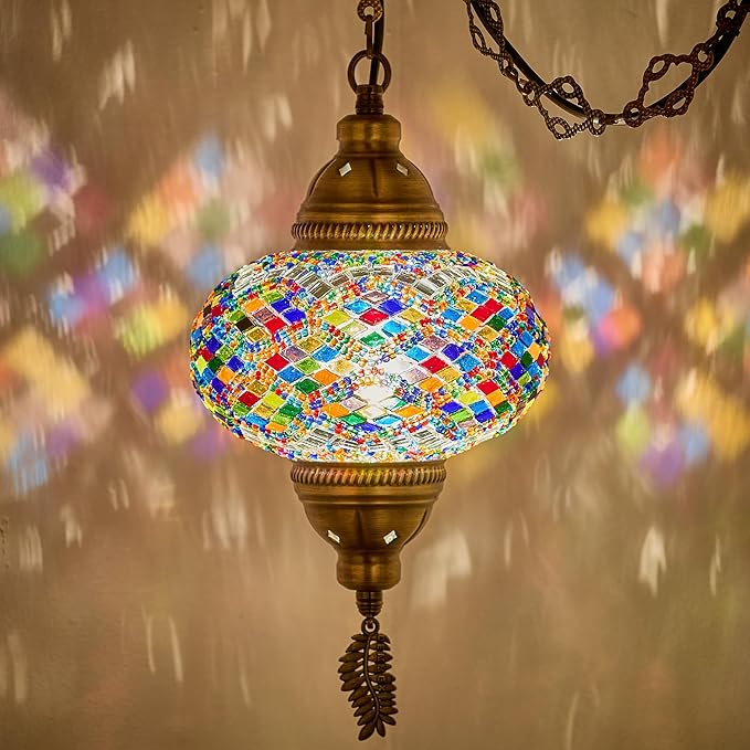DEMMEX Authentic Turkish Mosaic Plug-in Swag Pendant Light Fixture, Large 6.5" Globe – Moroccan Hanging Ceiling Lamp - 15ft Cord & Chain, US/CA Plug, Exotic Mediterranean Decor, Handmade