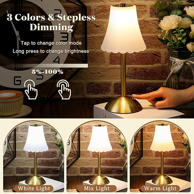 Liliful 2 Pcs Cordless Table Lamp Rechargeable Touch LED Small Gold Portable Battery Operated USB-c Desk Lamp 3 Color Dimmable for Bedroom Living Room Dining (Gold,Frosted Rose Style)