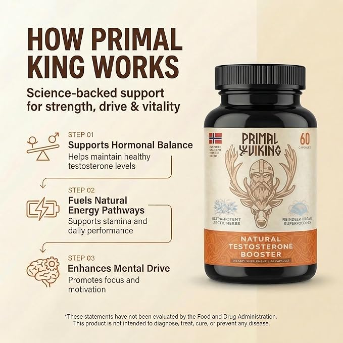 Primal Viking Men Wellness and Vitality Supplement Natural Support Capsules, Primal Viking Men Wellness and Vitality Advanced Formula, Overall Health Wellness, 60 Capsules for 1 Month (Pack of 1)