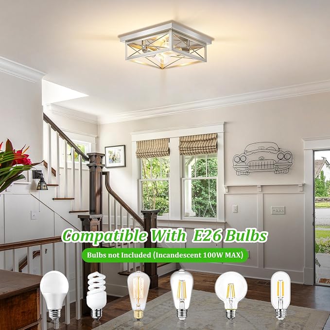 Brushed Nickle Hallway Light Fixtures, 2-Light Modern Farmhouse Flush Mount Ceiling Lights, 2-Pack Chrome Kitchen Light Fixtures, Square Close to Ceiling Lights for Bedroom Living Room Entryway