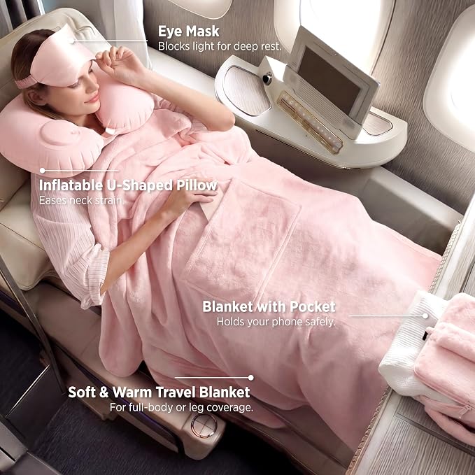 Bedsure Travel Blanket Set with Inflatable Neck Pillow and Eye Mask - Lightweight 3-in-1 Airplane Packable Blanket, Compact Travel Essentials, Pink