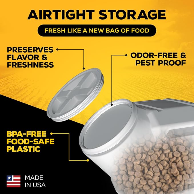 Vittles Vault Traditional Pet Food Storage Container For Dog Kibbles/Bird Seed/Oatmeal/Rice/Flour/Cereal, BPA Free Plastic, Sealed Airtight For Cat Food, Up To 35 lb, Made in USA, With Scoop, Gray