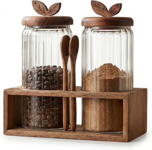 Glass Coffee Canister Set of 2 with Acacia Wood Lids and Spoons - Airtight Coffee Container for Ground Coffee, Sugar - Coffee Bar Accessories with Organizer Tray for Kitchen Counter (40floz Each)