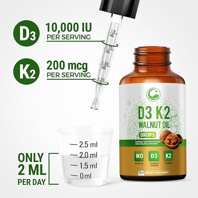 Liquid Vitamin D3 K2 Drops 10000 IU with Walnut Oil – High Potency Liquid Vitamin D3 with Vitamin K2 (MK7) 200 mcg | D3 K2 Supplement for Men & Women | Bones, Muscles & Immune Support | Non-GMO