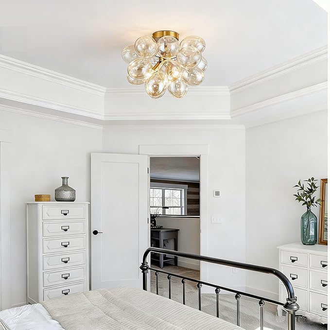 Surpars House Cognac Bubble Ball Chandelier, Flush Mount Glass Ceiling Light, Modern 4 Lights Ceiling Lighting Fixture for Bedroom,Livinng Room,Dining Room