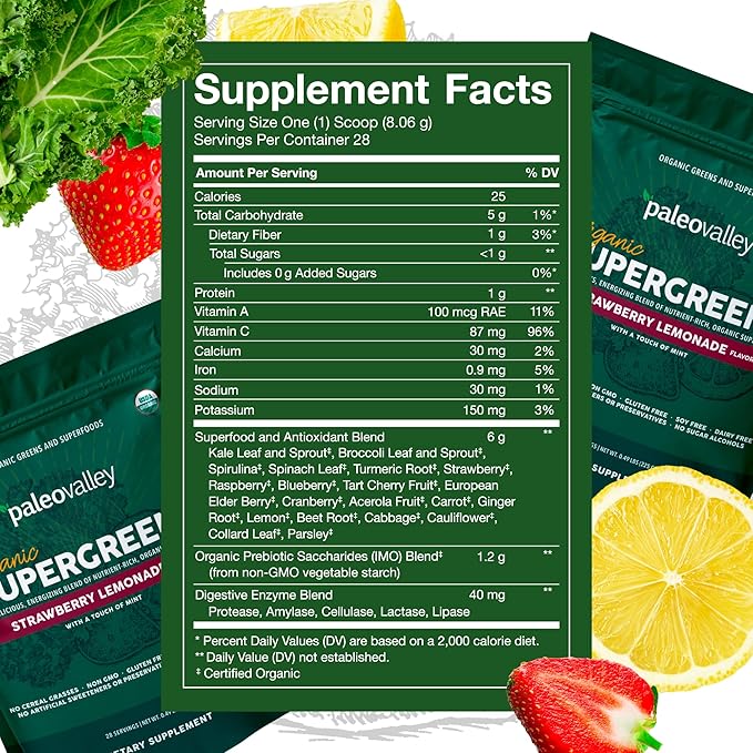 Paleovalley Organic Supergreens - Organic Greens Powder Superfood for Immune Support - Paleo Green Powder Blend - 28 Servings - 23 Superfoods - Gluten Free, No Cereal Grasses, Soy or Grain