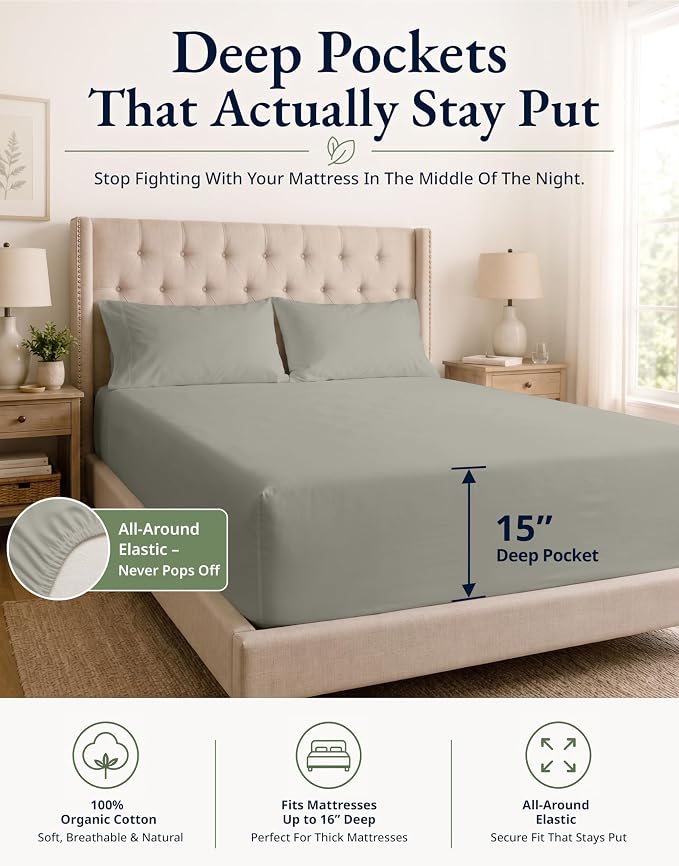 LANE LINEN 100% Organic Cotton Twin Fitted Sheets, 2-Piece Set (1 Fitted Sheet, 1 Pillowcase), Percale Weave, Lightweight, Ultra Soft, Breathable, Fits Mattress Upto 15" Deep - Silver (No Flat Sheet)