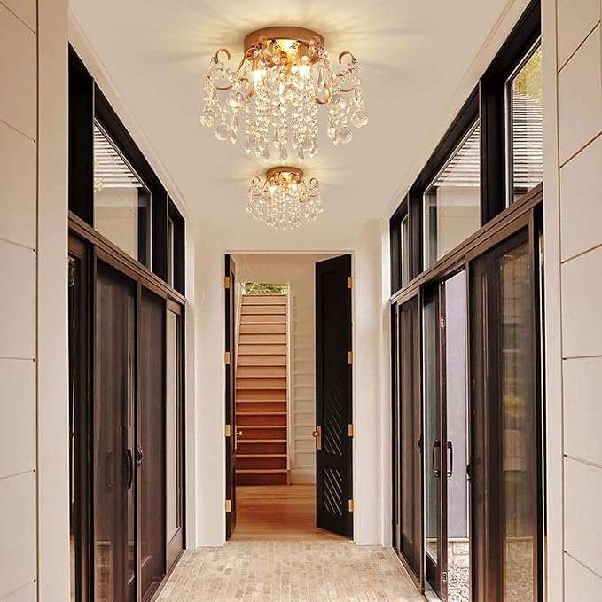 Q&S Small Chandelier,Modern Gold Mini Crystal Chandelier Ceiling Light Fixture for Bedroom,Hallway,Entryway E12 3-Light.