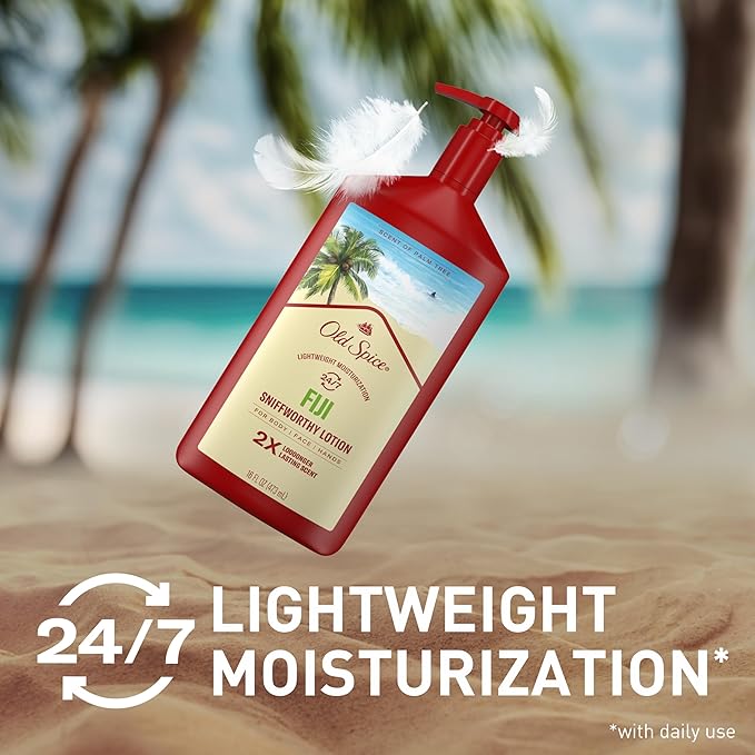 Lotion mains, visage et corps Old Spice pour hommes, hydratation légère 24/7 avec un parfum incroyable, absorption instantanée, pour tous les types de peau, parfum Fiji avec palmier, 473 ml
