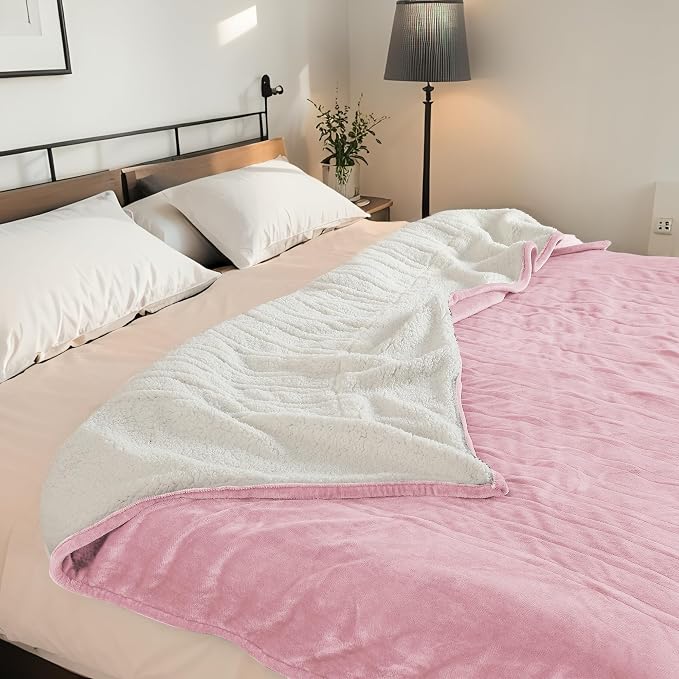Electric Heated Blanket 84"x90" Queen Size, Dual-Sided Microplush Sherpa for Bedroom Couch Use, 4 Heat Settings & 10 Hours Auto Off Energy Saving, Dual Controller, Machine Washable - Light Pink