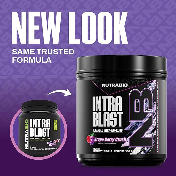 NutraBio Intra Blast Bcaa Powder Amino Acid Supplement, Electrolyte & Hydration Blend, Intra, Pre Workout & Muscle Recovery, 20g Eaa Amino Acids Powder, 5g Glutamine- Grape Berry Crush, 30 Serving