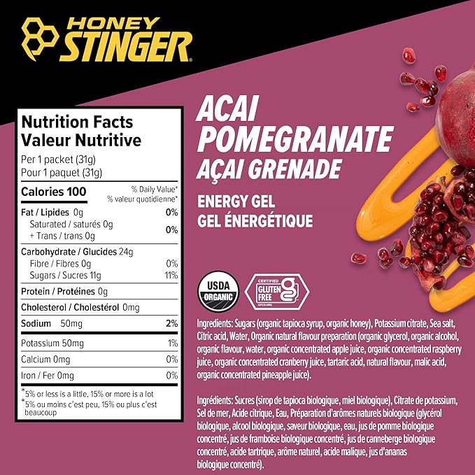 Honey Stinger Organic Acai Pomegranate Energy Gel, Gluten Free & Caffeine Free, for Exercise, Running and Performance, Sports Nutrition for Home & Gym, Pre and Mid Workout, 24 Pack, 26.4 Ounce