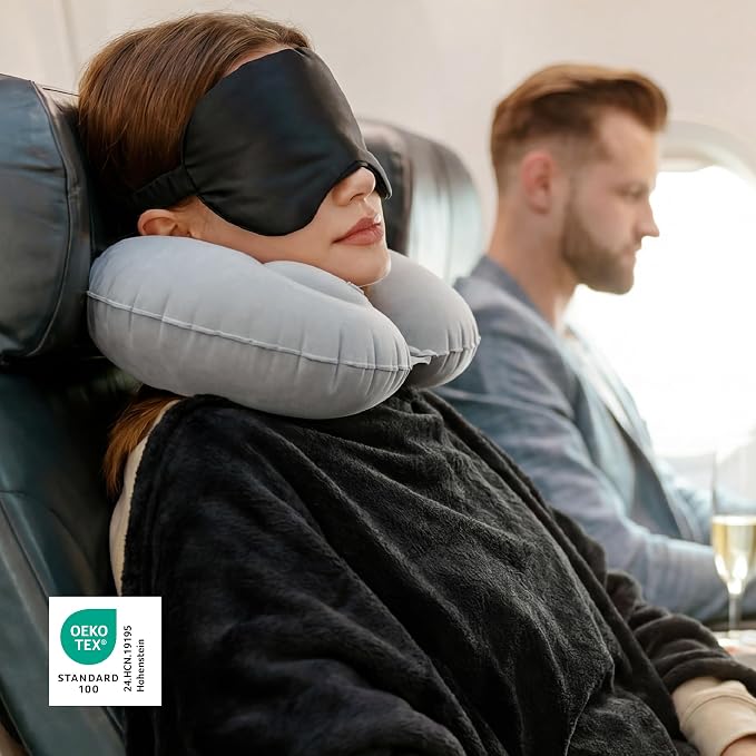 Bedsure Travel Blanket Set with Inflatable Neck Pillow and Eye Mask - Lightweight 3-in-1 Airplane Packable Blanket, Compact Travel Essentials, Black