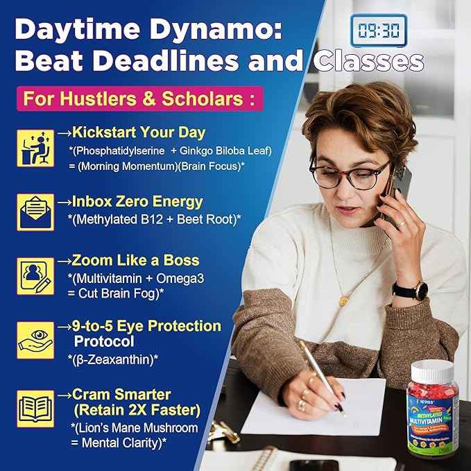NEVISS Multivitamine Méthylée 52-en-1 pour Femmes, Gommes avec Fer, Oméga-3, B6 B9 B12 pour la Journée | Glycinate de Magnésium, Calcium, Collagène pour le Renouvellement/Sommeil Nocturne, Quotidien AM PM pour Femmes 18 30 40 50 60 70+