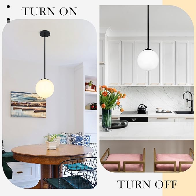 Bagood 8" Globe Pendant Light Black Mid Century Modern Light Fixture Milk Glass Pendant Light Globe Pendant Lights Kitchen Island Matte Black Finished with Milk Glass Lampshade for Dining Room