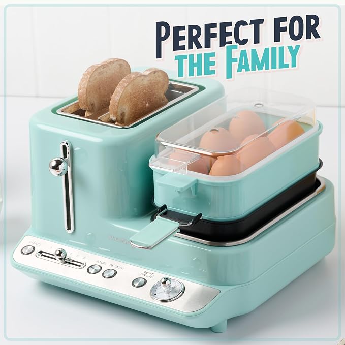 Nostalgia Classic Retro 3-in-1 Breakfast Station, 2-Wide Slot Toaster With Adjustable Toasting Control, Non-Stick Griddle, 6 Capacity Egg Cooker With Lid