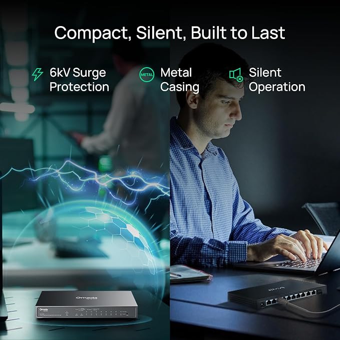 TP-Link Omada 8 Port Gigabit Easy Managed, PoE Switch, 123W Budget, PoE+ Compliant, Up to 250m PoE Distance, Auto Recovery, VLAN, Auto Loop Prevention, Fanless, Managed by Omada(ES210GMP)