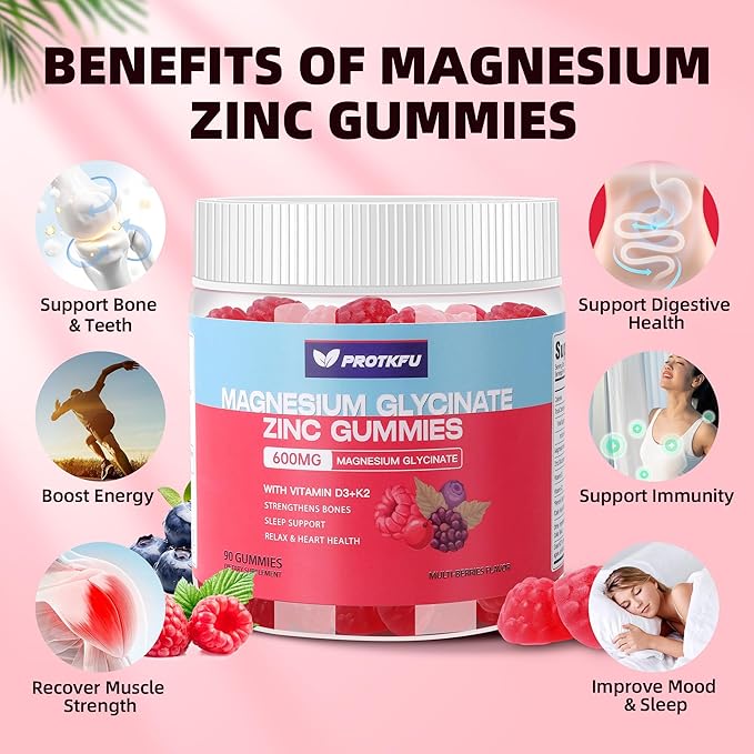 90 bonbons gélifiés au glycinate de magnésium 600 mg, sans sucre avec zinc et vitamines D3 et K2 – Suppléments de magnésium pour le sommeil, la santé osseuse, le fonctionnement nerveux et immunitaire