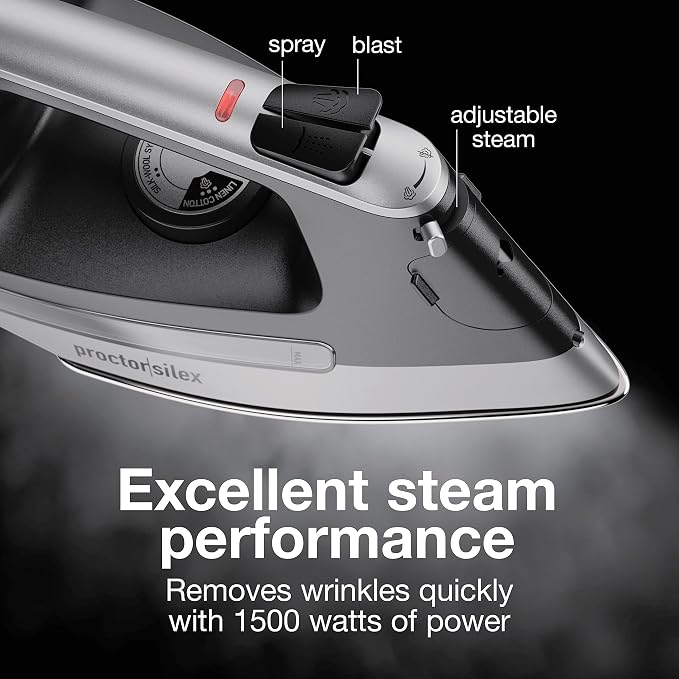 Proctor Silex Steam Iron for Clothes with Durable Stainless Steel Soleplate, 1500 Watts, 8’ Retractable Cord, 3-Way Auto Shutoff, Anti-Drip, Gray and Black (14250) (Pack of 2)