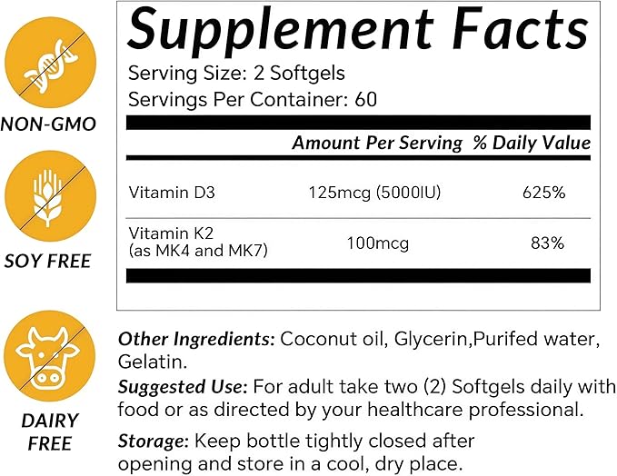 LIIFE Vitamin D3 K2 Supplement 5000 IU,120 Mini Softgels |2-in-1 Vitamins D & K Complex with Coconut Oil |Supports Calcium Absorption, Bone & Immune Health, Easy to Swallow