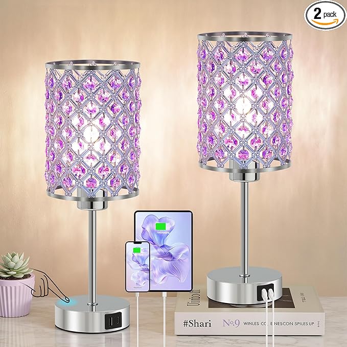 GyroVu Purple Crystal Table Lamps Set of 2, Dimmable Touch Control Bedside Lamps with USB C+A Ports, Small Night Lights for Bedroom, Living Room, Girls Room, Home Office, Bulbs Included