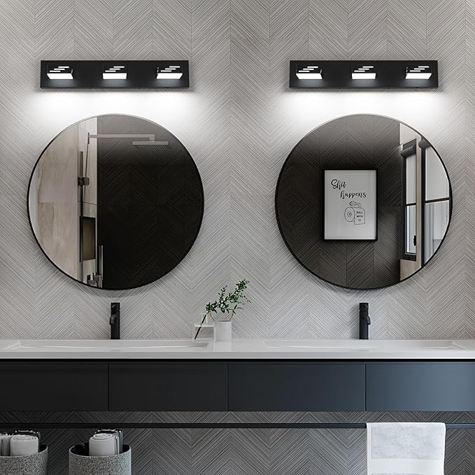Joosenhouse Modern Black LED Vanity Light for Bathroom, 3-Light Makeup Mirror Light, 24W 6000K Cool White Lighting Fixture