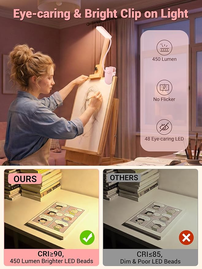 Pink Desk Lamp for Girls Bedroom,9 Brightness+5 Color Clip on Light,4000mAh Battery Rechargeable Desk Lamp Cute Lamp for Kids Room,Cordless Clip on Reading Light for Bed/Headboard/Bedside Table/Dorm